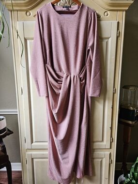 Eloquii Dusty Rose Shimmer Draped Long Sleeve Maxi Dress
